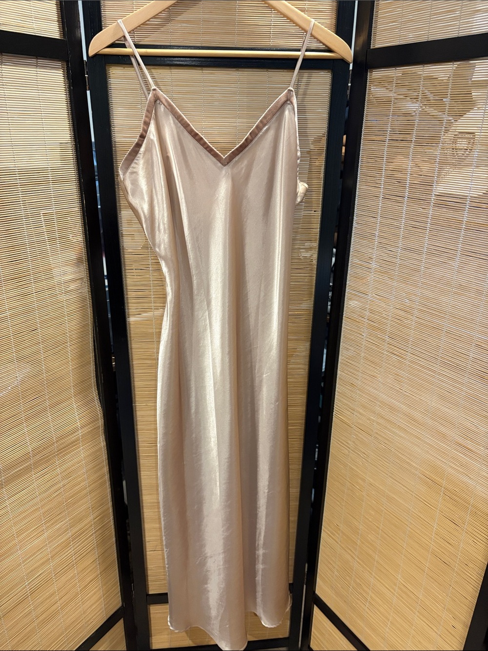 Satin Champagne Slip Dress with V-Neck and Spaghetti Straps